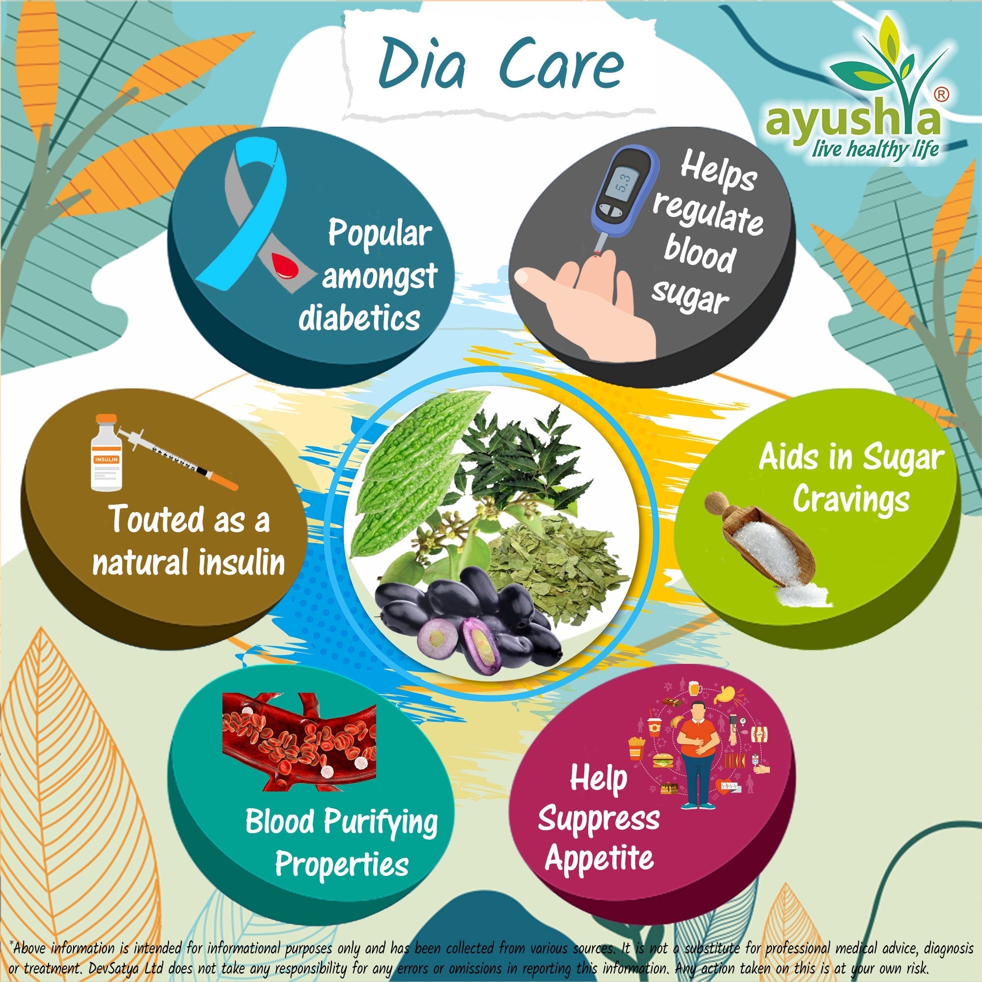 Ayushya Dia Care Capsules (Glucose Care Blend) Glucose Wellness Support - Vegan, Gluten Free, Non-GMO, 60 Capsules