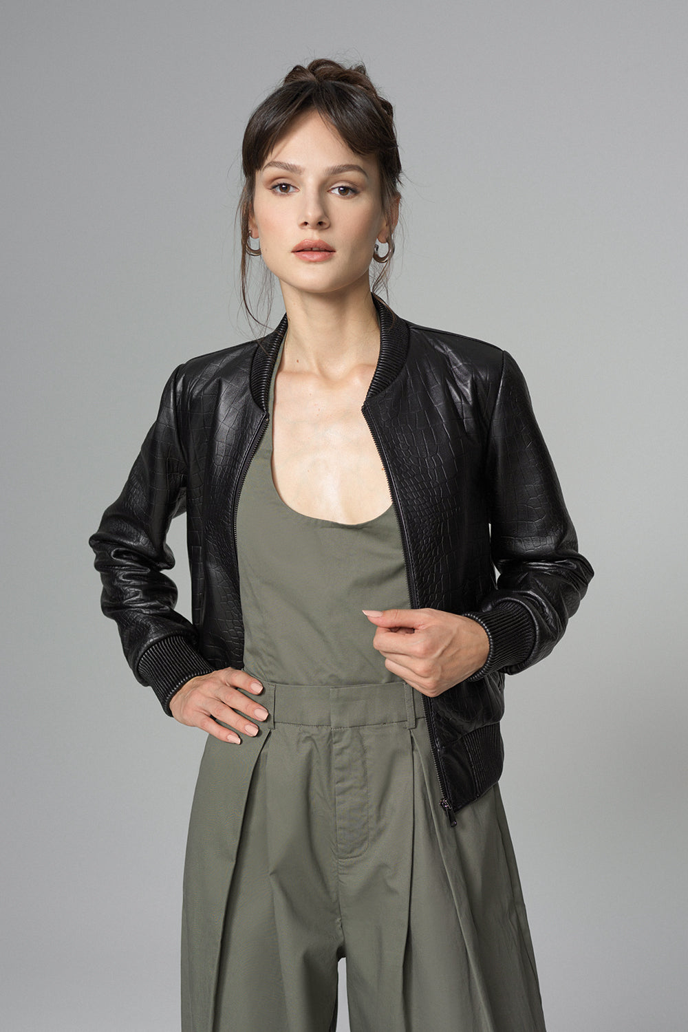 Black Leather Jacket with Crocodile Skin Print