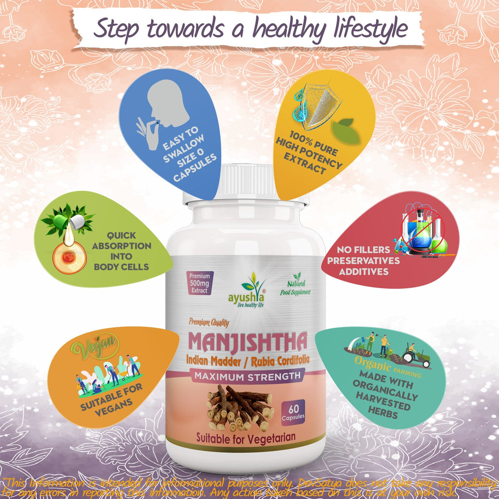 Ayushya Manjistha with Sarsaparilla Capsules (Indian Madder) Skin Clarity Support - Vegan, Gluten Free, Non-GMO, 60 Capsules