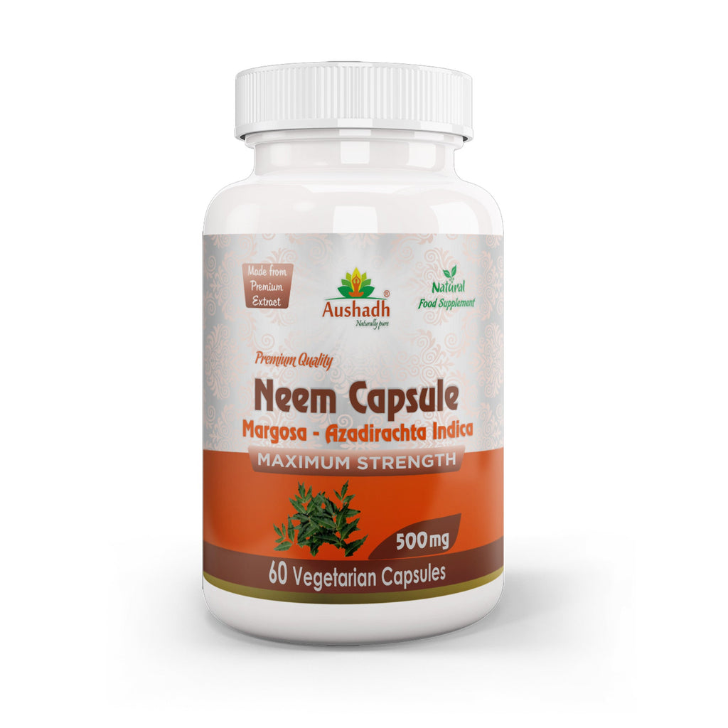 Aushadh Neem Capsules (Margosa) Skin & Immune Wellness Support - Vegan, Gluten Free, Non-GMO, 60 Capsules