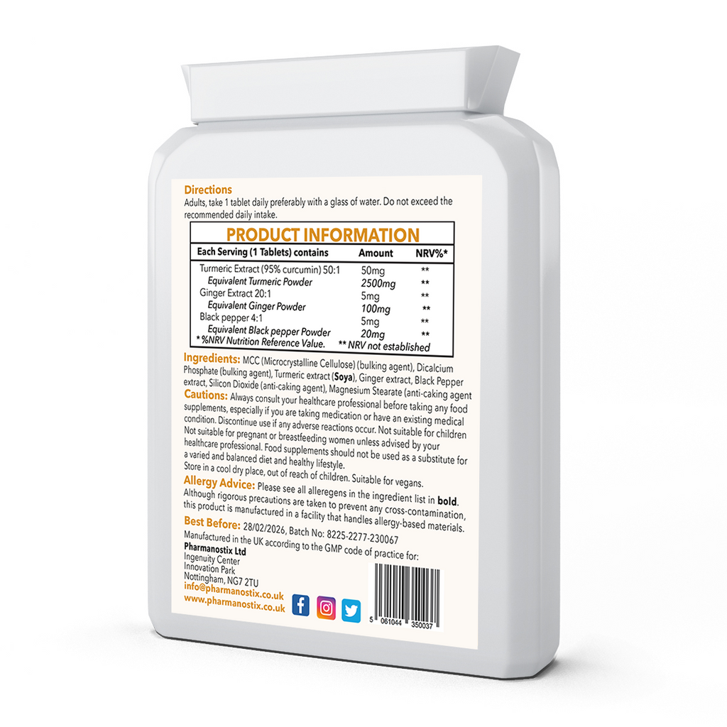 Turmeric 2500mg with Black Pepper & Ginger, Curcumin 95%, 120 Vegan Tablet